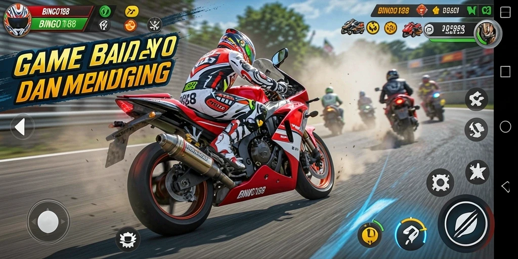 Tampilan gameplay BINGO188 dengan aksi balap motor yang mendebarkan.