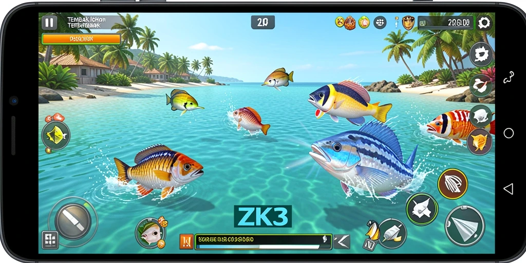 Tampilan gameplay ZK3 yang penuh aksi menembak ikan.